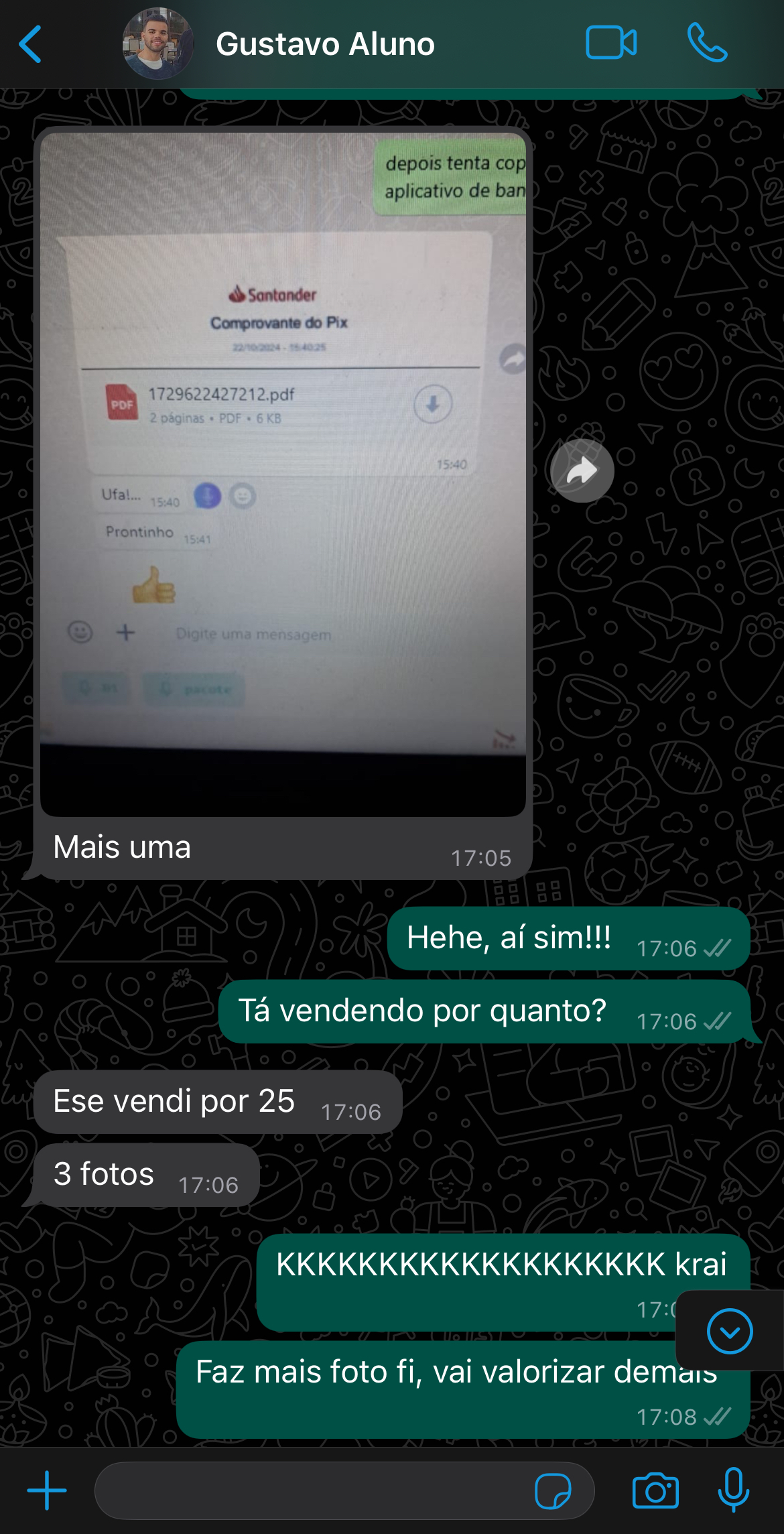 Gustavo Aluno mostrando comprovante de pagamento e vendas